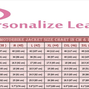May include: A size chart for men's motorbike jackets, showing measurements in both centimeters and inches. The chart includes sizes from XS to 5XL, with measurements for chest, waist, collar, full shoulder, sleeve, back length, and height.