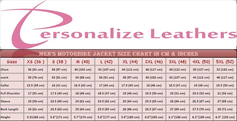 May include: A size chart for men's motorbike jackets, showing measurements in both centimeters and inches. The chart includes sizes from XS to 5XL, with measurements for chest, waist, collar, full shoulder, sleeve, back length, and height.