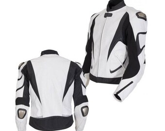 May include: White and black leather motorcycle jacket with a zipper closure and a sporty design.