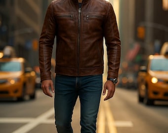May include: A brown leather jacket with a zip-up front and a stand-up collar. The jacket has two chest pockets and is paired with blue jeans and brown boots. The person is walking on a city street.