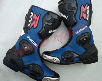 Handmade Suzuki Motorbike Boots, Custom Made MotoGp Motorbike Racing Leather Boots, Botas De Moto, Motorradstiefil