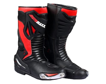 May include: A pair of black and red motorcycle boots with the word "motomaxx" on the side. The boots have a perforated design and a silver accent on the toe.
