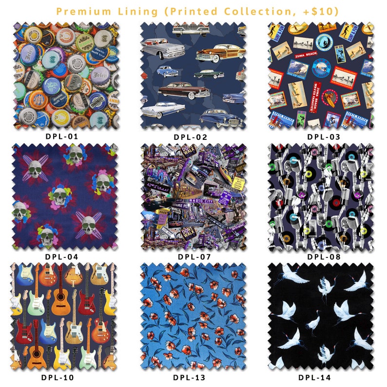 May include: A collection of fabric swatches with various printed designs. Patterns include bottle caps, vintage cars, surf-themed images, skulls, city signs, microphones, guitars, floral arrangements, and cranes. The text "Premium Lining (Printed Collection, +$10)" is visible.