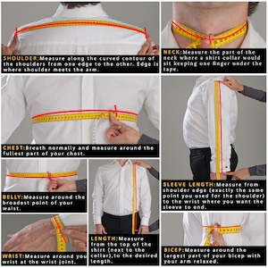 May include: A white dress shirt is shown with a yellow measuring tape illustrating how to measure the shoulder, neck, chest, belly, wrist, length, sleeve length, and bicep. Text labels explain each measurement.
