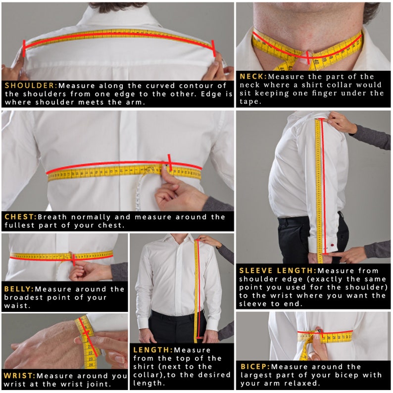 May include: A white dress shirt is shown with a yellow measuring tape illustrating how to measure the shoulder, neck, chest, belly, wrist, length, sleeve length, and bicep. Text labels explain each measurement.