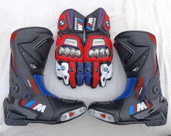 Botas e luvas BMW feitas à mão para motociclistas BMW, botas de corrida de motociclismo em couro personalizadas para MotoGP, botas de moto BMW, botas de motociclismo