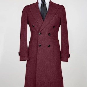Mens Double Breasted Mid Long Overcoats Trench Coats 100% Wool Thick Warm Winter Outerwear - Wine Red