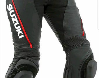 Pantalones de cuero para motocicleta hechos a mano, pantalones de carreras para motociclistas Suzuki, pantalones hechos a medida, pantalones moto, pantalones de cuero para motocicleta