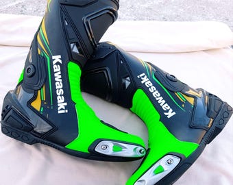 Botas de motociclismo hechas a mano para Kawasaki: botas de cuero personalizadas para MotoGP.
