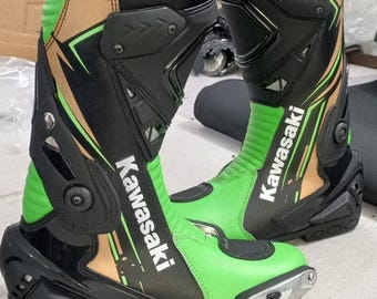 Handgemaakte laarzen voor Kawasaki-rijders motorracelaarzen – aangepaste leren MotoGP-racelaarzen | Botas De Moto | Motorradstiefel