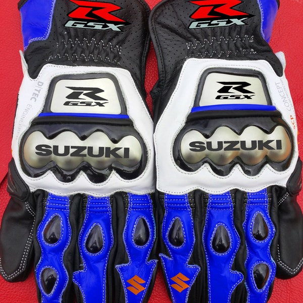 Handmade Motorbike Gloves, Custom Made Motorcycle Racing Riding MotoGp Suzuki Leather Biker Gloves, handschuhe, Guantes