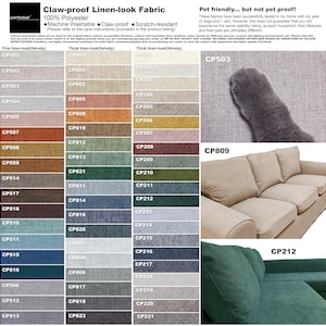 The image is a collage of various fabric swatches and a photograph of a cat's paw on a sofa, showcasing different colored linens and a cat's paw.