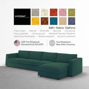 May include: A dark green sectional sofa with a chaise lounge. Above the sofa, text reads petbitat and 500+ Fabric Options, listing materials like Faux Linen, Velvet, Chenille, Boucle, Corduroy, and Faux Leather, alongside features like machine washable.