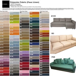 The image is a color comparison chart for different types of Polyester fabric (Faux Linen) available in various colors and patterns. It includes a section for different sofa styles, such as A123, A124, and A143, as well as a section for different sofa linens, like A121, A122, and A143. The chart provides color codes and corresponding sofa styles, allowing viewers to easily compare and choose the most suitable options based on their preferences and the design of their living space.