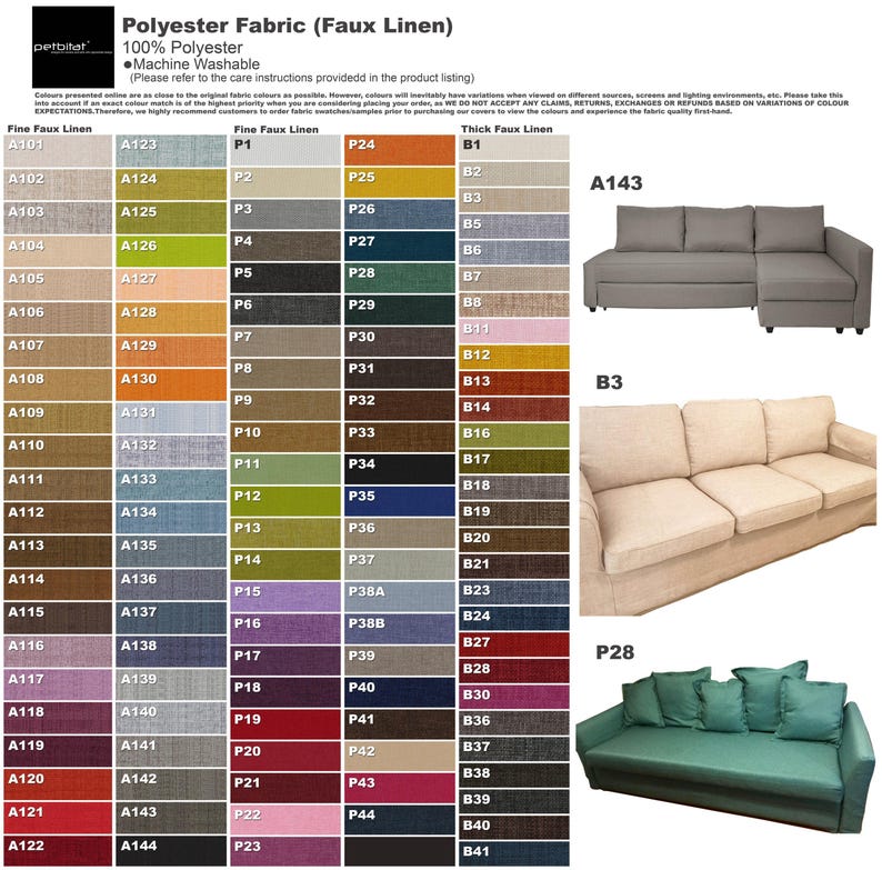 The image is a color comparison chart for different types of Polyester fabric (Faux Linen) available in various colors and patterns. It includes a section for different sofa styles, such as A123, A124, and A143, as well as a section for different sofa linens, like A121, A122, and A143. The chart provides color codes and corresponding sofa styles, allowing viewers to easily compare and choose the most suitable options based on their preferences and the design of their living space.