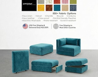 May include: A modular teal sofa set featuring a corner seat, two ottomans, and a backrest panel. One ottoman is shown with a partially extended storage drawer, while another is depicted with its lid open, revealing internal storage space.