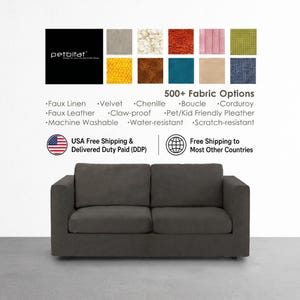 May include: A dark gray two-seater sofa with a rectangular back and seat cushions. Above the sofa, a grid displays various fabric swatches in colors including yellow, blue, brown, and pink, alongside the text Petbitat and 500+ Fabric Options.
