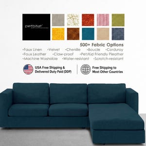 May include: A dark teal sectional sofa with a chaise lounge on the right side. Above the sofa, a grid displays twelve fabric swatches in various colors and textures, with text stating 500+ Fabric Options and listing material types.