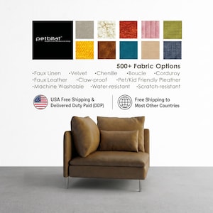 May include: A brown armchair with a back cushion, a seat cushion, and a small rectangular lumbar pillow. Above the chair, text displays petbitat, 500+ Fabric Options, and lists features like Faux Linen, Velvet, Chenille, Boucle, and Corduroy.