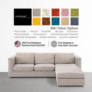 May include: A light beige sectional sofa with a chaise lounge on the right side. Above the sofa, a grid displays various fabric swatches in colors including yellow, orange, blue, and green, with text reading petbitat and 500+ Fabric Options.