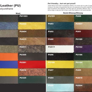 a collection of various colored faux leather fabrics, including 100% Polyurethane, Matt PU, and semi-glossy/glossy PU. The fabrics are arranged in a grid format, showcasing different shades and patterns.