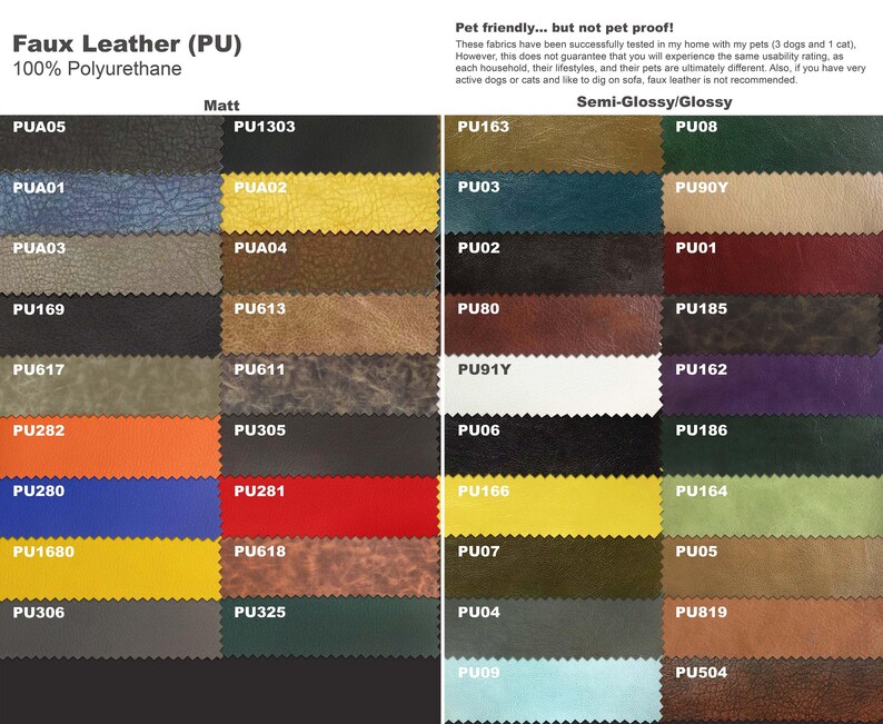 a collection of various colored faux leather fabrics, including 100% Polyurethane, Matt PU, and semi-glossy/glossy PU. The fabrics are arranged in a grid format, showcasing different shades and patterns.