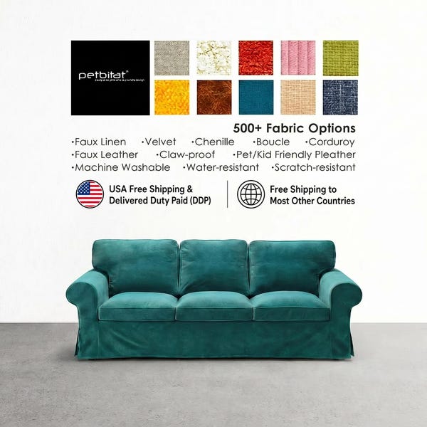 May include: A three-cushion sofa upholstered in teal fabric with rolled arms and a skirted base. Above the sofa, a grid displays ten fabric swatches in various colours and textures, with text listing 500+ fabric options and features.