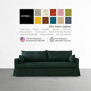 May include: A dark green sofa with a skirted base, two large back cushions, and two smaller side cushions. Above the sofa, a grid displays 500+ fabric options in various colors and textures, with text listing features like faux linen and velvet.