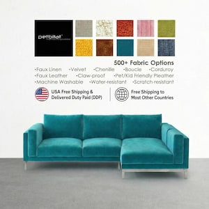 May include: A teal sectional sofa with a chaise lounge and silver legs. Above the sofa, a grid displays 12 fabric swatches in various colors and textures. Text includes petbitat, 500+ Fabric Options, and lists features like Faux Linen, Velvet, Chenille, Boucle, Corduroy, Faux Leather, Claw-proof, Pet/Kid Friendly Pleather, Machine Washable, Water-resistant, and Scratch-resistant.