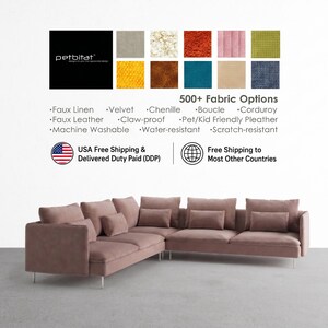 May include: A large L-shaped sectional sofa in a dusty rose color with multiple back and side cushions, supported by thin silver metal legs. Above the sofa, a grid displays twelve fabric swatches in various colors and textures with text.
