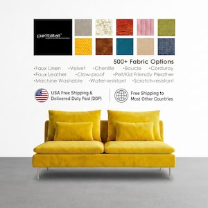 May include: A bright yellow two-seater sofa with two large back cushions and two smaller rectangular throw pillows. Above the sofa, text displays petbitat, 500+ Fabric Options, and lists features like Faux Linen, Velvet, and Chenille.