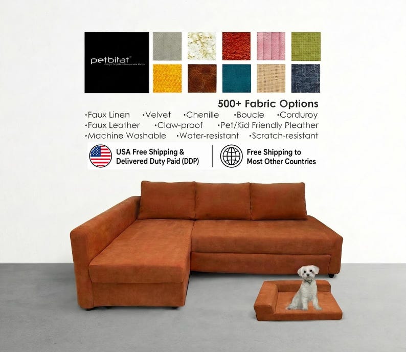 May include: A rust-colored L-shaped sectional sofa with three back cushions and a matching small pet bed. Above the sofa, a grid displays 500+ fabric options including faux linen, velvet, chenille, boucle, corduroy, and faux leather textures.