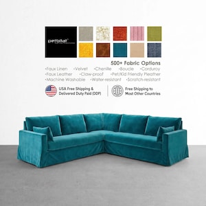 May include: A teal sectional sofa with a skirted base and plush cushions. Above the sofa, a graphic displays 500+ fabric options including faux linen, velvet, chenille, boucle, corduroy, and faux leather, noting features like machine washable and scratch-resistant.