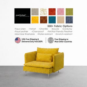 May include: A mustard yellow armchair with a matching rectangular throw pillow and silver metal legs. Above the chair, a grid displays ten fabric swatches, the text petbitat, and a list of 500+ fabric options including faux linen, velvet, chenille, bouclé, corduroy, faux leather, and claw-proof materials.