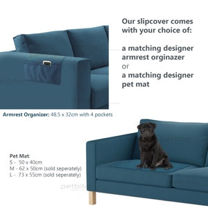 a black dog sitting on a blue couch