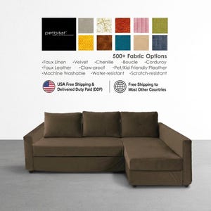 May include: A brown sectional sofa with a chaise lounge and three back cushions. Above the sofa, a graphic displays the text petbitat, 500+ Fabric Options, and a grid of twelve fabric swatches in various colors and textures.