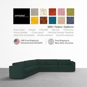 May include: A dark green sectional sofa with a low back and wide armrests. Above the sofa, a graphic displays the petbitat logo, a grid of ten fabric swatches in various colors and textures, and text listing 500+ fabric options and features.