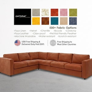 May include: A large, L-shaped sectional sofa upholstered in a textured, rust-colored fabric. Above the sofa, text displays the brand name petbitat, 500+ Fabric Options, and a grid of twelve fabric swatches in various colors and textures.