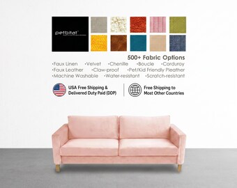 May include: A light pink two-cushion sofa with straight arms and light-coloured wooden legs. Above the sofa, a grid displays twelve fabric swatches in various colours and textures, with text stating petbitat, 500+ Fabric Options, and features.