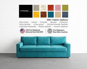May include: A teal three-seat sofa with a solid frame and cushions. Above the sofa, text displays 500+ Fabric Options, listing materials like faux linen, velvet, chenille, boucle, corduroy, faux leather, and features like machine washable.