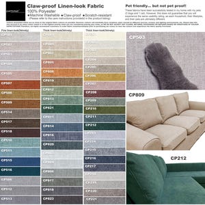 The image is a collage of various fabric swatches and a photograph of a cat's paw on a sofa, showcasing different colored linens and a cat's paw.
