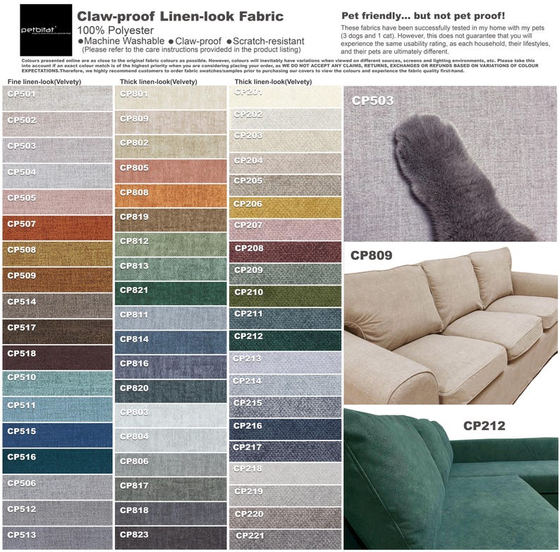 The image is a collage of various fabric swatches and a photograph of a cat's paw on a sofa, showcasing different colored linens and a cat's paw.