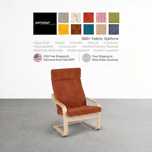May include: A rust-colored corduroy armchair with a high back and light-colored wooden frame. Above the chair, text displays petbitat, 500+ Fabric Options, and lists features including Faux Linen, Velvet, Chenille, Boucle, Corduroy, and Faux Leather.