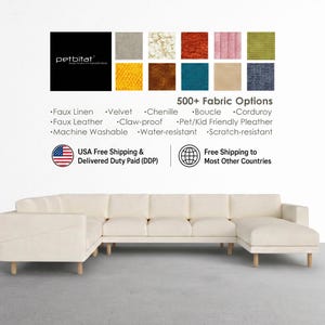 May include: A cream-coloured sectional sofa with a chaise lounge and light-coloured wooden legs. Above the sofa, a graphic displays the text petbitat, 500+ Fabric Options, and lists various fabric types and features like machine washable.