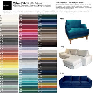 The image is a color swatch for velvet fabric, featuring various shades of blue, green, and gray. It displays a range of velvet upholstery options, including a blue chair and a white sofa. The image also includes a color swatch for a pet-friendly velvet fabric, highlighting its 100% polyester and machine-washable, scratch-resistant properties.
