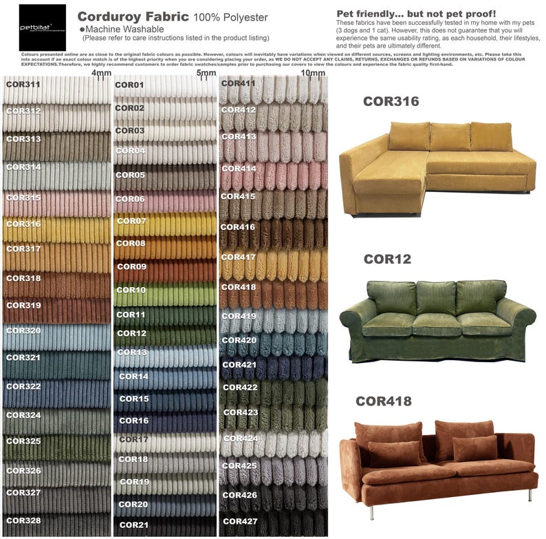 The image is a collage of various couches and chairs, showcasing different colors and patterns of the Corduroy fabric. The text provides information about the fabric, including its 100% polyester material and machine washable nature. The image also includes color swatches and images of the furniture pieces, such as couches and chairs, to demonstrate the available options for potential customers.