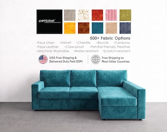 May include: A teal sectional sofa with a chaise lounge on the right side. Above the sofa, a grid displays ten fabric swatches in various colors and textures. Text includes petbitat, 500+ Fabric Options, and lists features like faux linen, velvet, chenille, bouclé, corduroy, faux leather, claw-proof, and pet/kid friendly pleather.