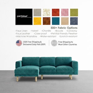 May include: A teal sectional sofa with a chaise lounge on the left side, supported by light-colored wooden legs. Above the sofa, a grid displays twelve fabric swatches in various colors and textures, alongside text listing 500+ fabric options.