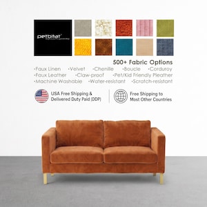 May include: A two-seater sofa upholstered in rust-coloured fabric with light-toned wooden legs. Above the sofa, text displays 'petbitat', '500+ Fabric Options', and lists materials like Faux Linen, Velvet, Chenille, Boucle, Corduroy, and Faux Leather.