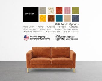 May include: A two-seater sofa upholstered in rust-coloured fabric with light-toned wooden legs. Above the sofa, text displays 'petbitat', '500+ Fabric Options', and lists materials like Faux Linen, Velvet, Chenille, Boucle, Corduroy, and Faux Leather.